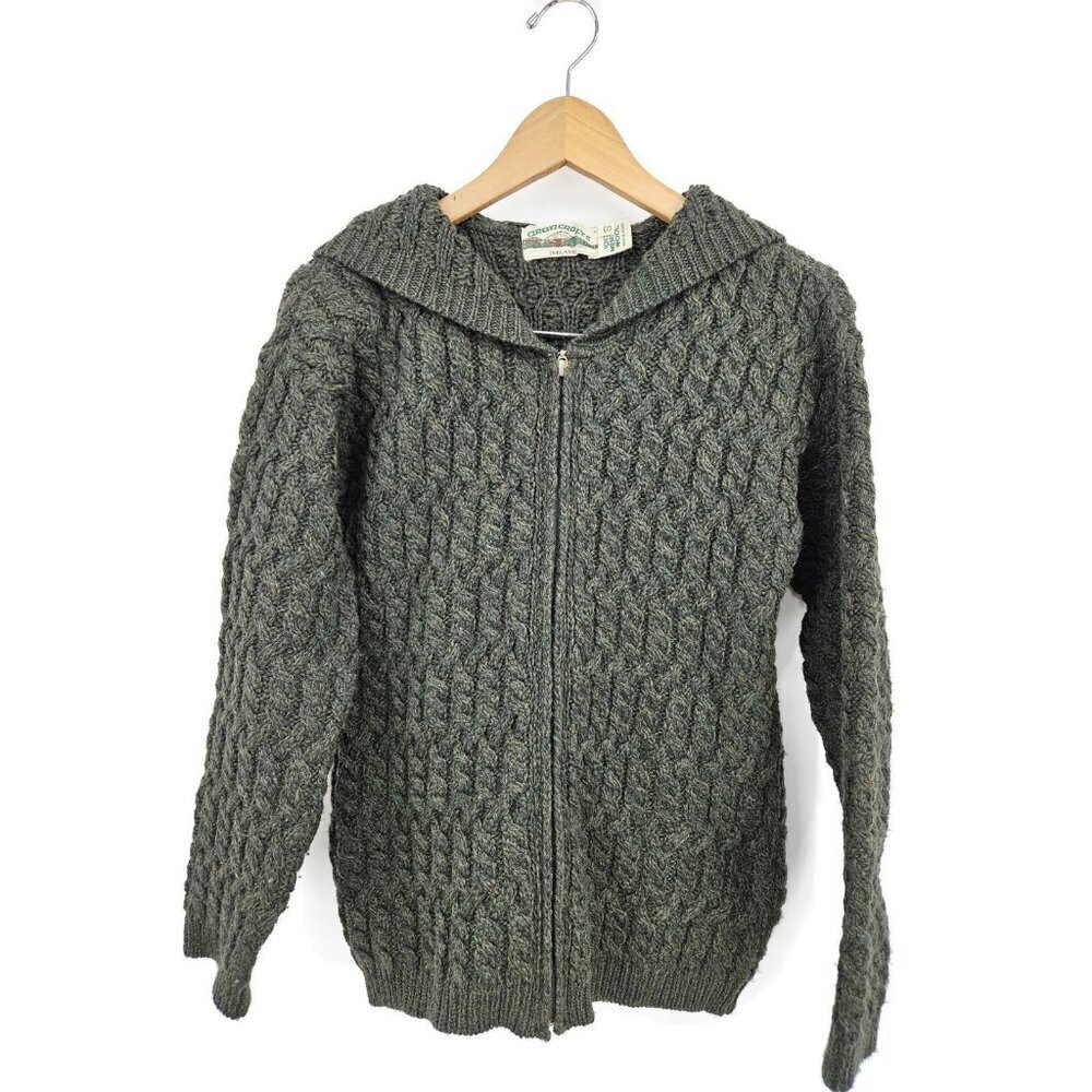 Aran Crafts Ireland Green Sweater Size S Zip Front Hooded Merino Wool Cable Knit